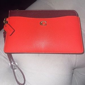 Coach L-zip Wristlet In Colorblock Leather / Orange Multi